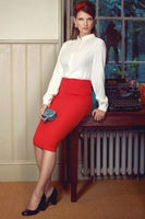 red tight skirt wool knee length high waist