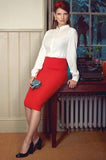 red tight skirt wool knee length high waist