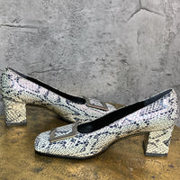 python square toe chunky heel pumps silver buckle blue green