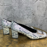 python square toe chunky heel pumps silver buckle blue green