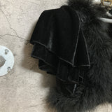 feather trim velour bolero cropped jacket fvelvet black