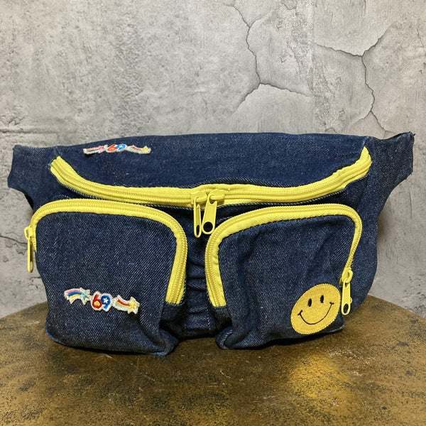 smiley face love and peace denim waist pack fanny pack bum bag blue