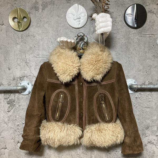 Vany by Arcelus New York suede boho jacket penny lane coat short hippie faux fur brown