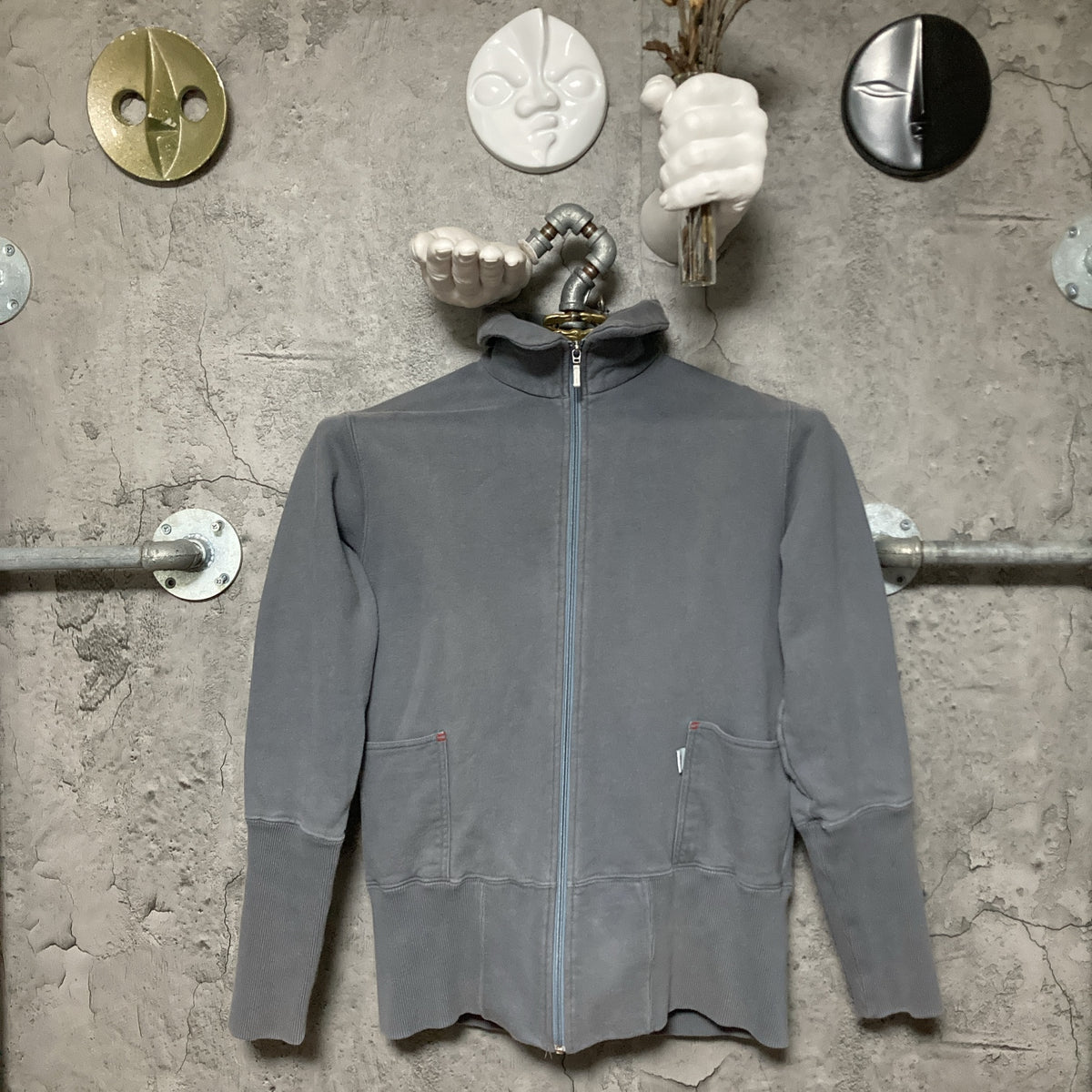 high neck long rib sleeve zip up sweatshirt track jacket gray