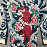 Japanese Yakuza style tattoo top chinese lion peony three-quarter sleeve sleeve t shirt blue pink
