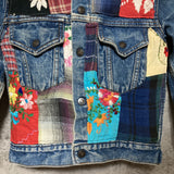 flower embroidered remake patchwork denim jacket short blue