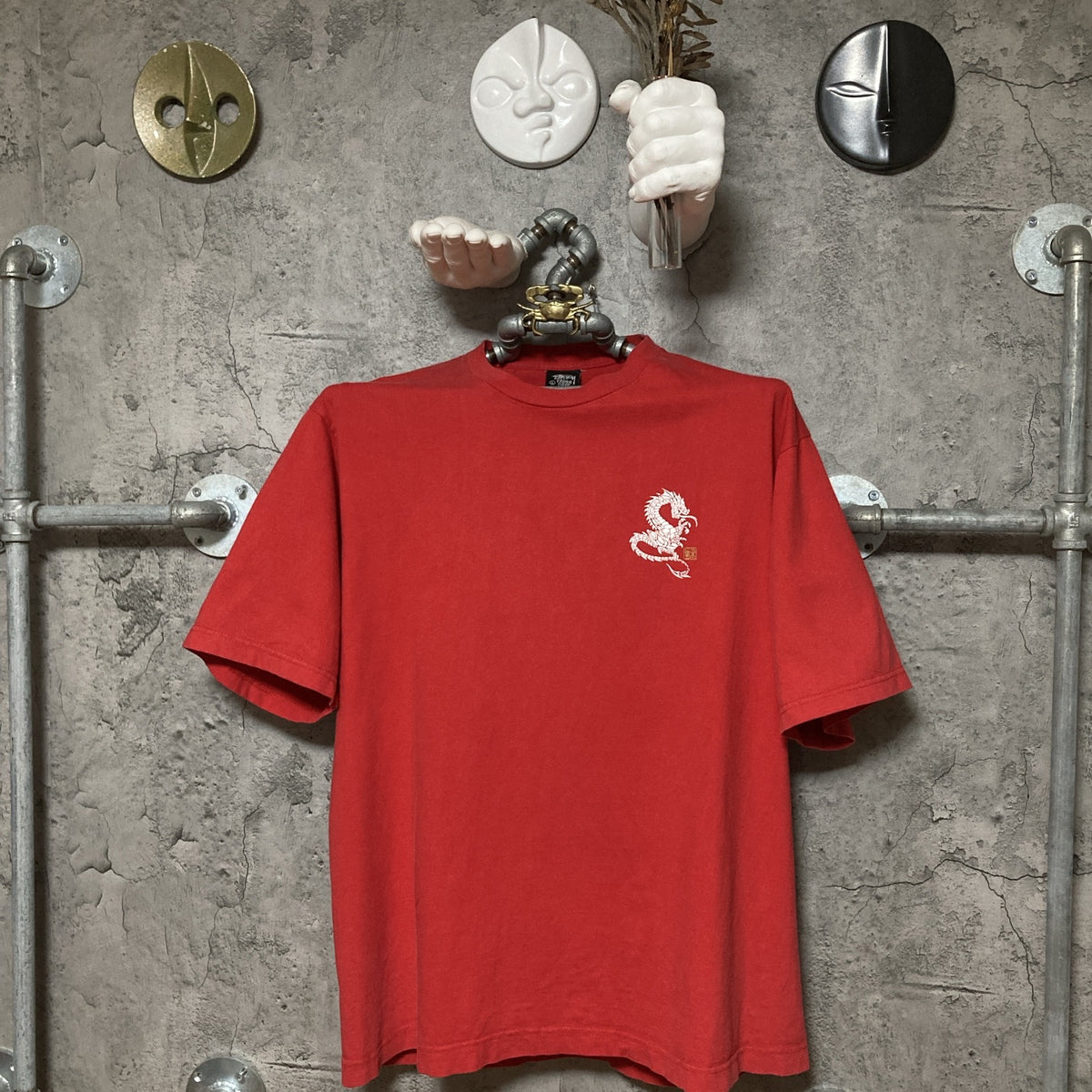 nolithのメンズ90’s stussy 龍 人気の赤 USAタグ Tシャツ