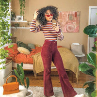 corduroy fit flare pants bell bottom burgundy red
