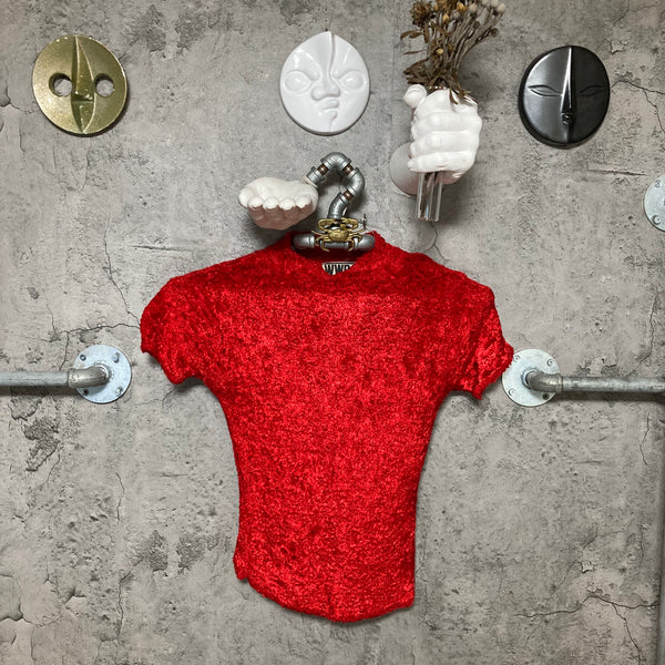 red velour knit short sleeve