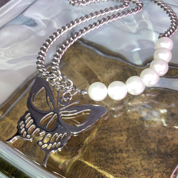 skull butterfly necklace pearl silver