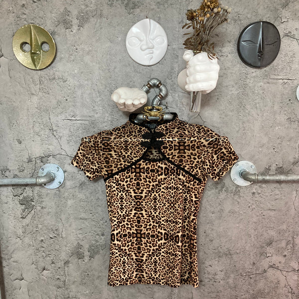 leopard china top see-through chinese short sleeve brown