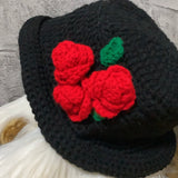 hand knitted rose black bucket hat