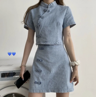Chinese style denim two piece set blue