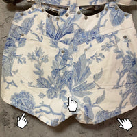 blue rose printed denim shorts