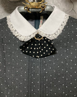 stiff bosom style dress gray bow tie polka dot