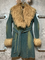 studded fur trimmed denim coat