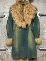 studded fur trimmed denim coat