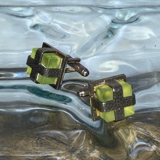 square green stone silver cross cufflinks