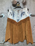 denim x leather switched skirt slit fringe brown breached blue