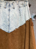 denim x leather switched skirt slit fringe brown breached blue