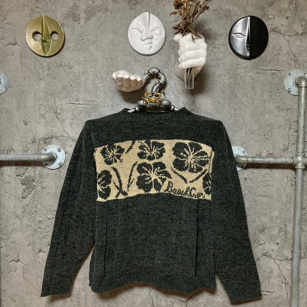 hibiscus patterned knit sweater gray beige