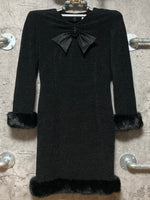 fake fur trimmed long sleeve dress bow black