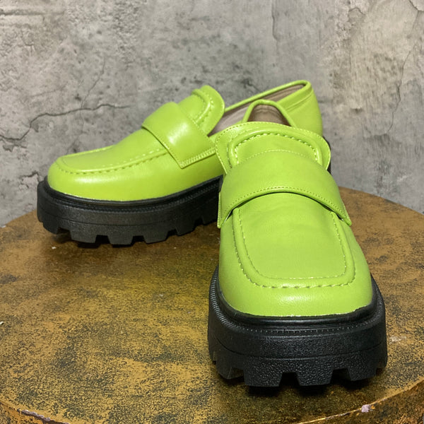 yellow green platform loafers square toe