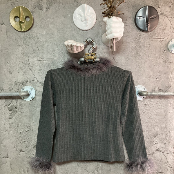 feather trimmed rib knit tops gray