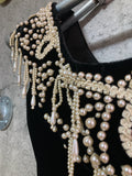 pearl embroidered velour dress black white