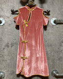 open shoulder china dress pink gold
