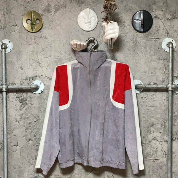 high necked track jacket gray red white