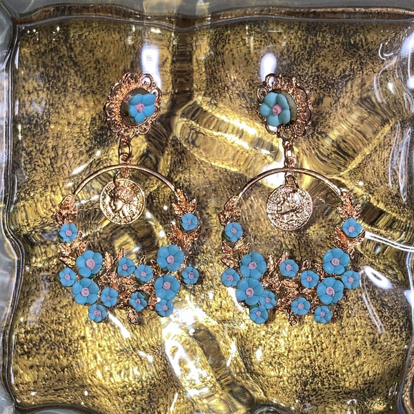 gold x blue floral piercings