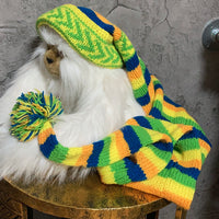 elf tail border knit scarf cap night cap long stocking green yellow blue
