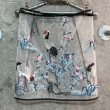 Tsuru crane embroidered see-through apron white black