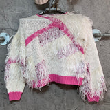 fringe switched knit top fluffy shaggy pink white