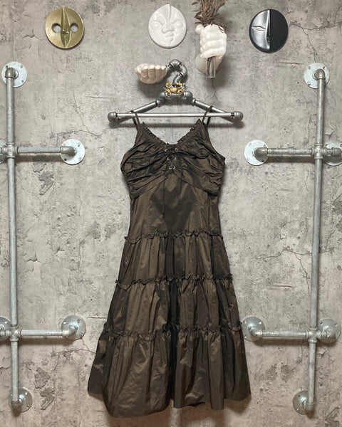 metallic brown pleated frill dress