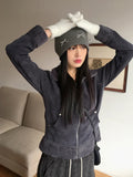 high neck long rib sleeve zip up sweatshirt track jacket gray