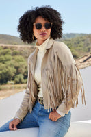 suede fringe jacket native western design reindeer handmade real leather shell buttons aztec Mexican beige