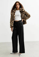 leopard print faux fur cropped jacket Ozone Community lapel rib brown