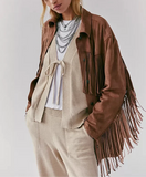 suede fringe jacket native western design reindeer handmade real leather shell buttons aztec Mexican beige