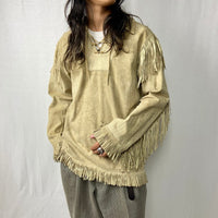 suede fringe jacket native western design reindeer handmade real leather shell buttons aztec Mexican beige