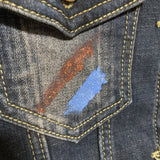 embroidered denim jacket glitter paint fleece lining orange blue