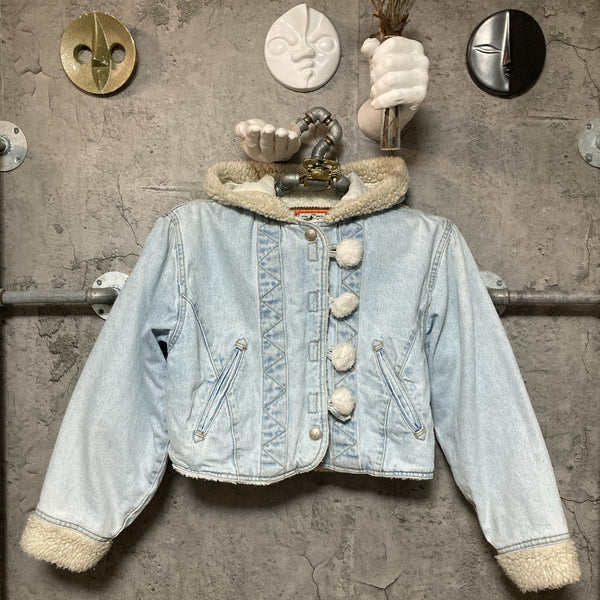 cropped denim jacket boa hoodie teddy fleece light blue white