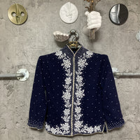 high neck bijou hand embroidered cardigan flower navy white