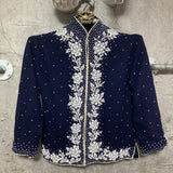 high neck bijou hand embroidered cardigan flower navy white