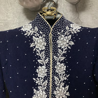 high neck bijou hand embroidered cardigan flower navy white