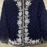 high neck bijou hand embroidered cardigan flower navy white