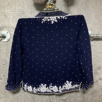 high neck bijou hand embroidered cardigan flower navy white