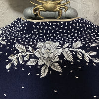 high neck bijou hand embroidered cardigan flower navy white