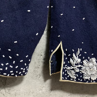 high neck bijou hand embroidered cardigan flower navy white